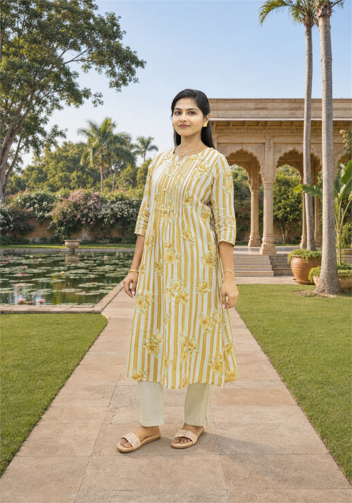 Beige Cream Cotton Stripe Floral Kurta Pant Set - Ashoka Threads - K2-D6-26-BEI - view 1